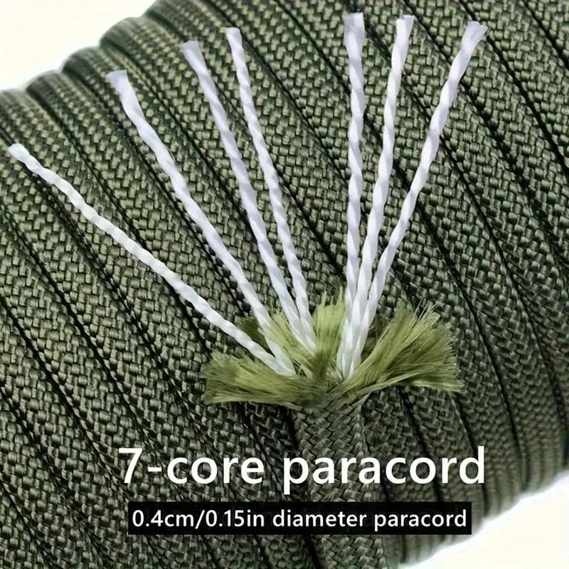 Close-up of green paracord with white cores, showing '7-core paracord' text.