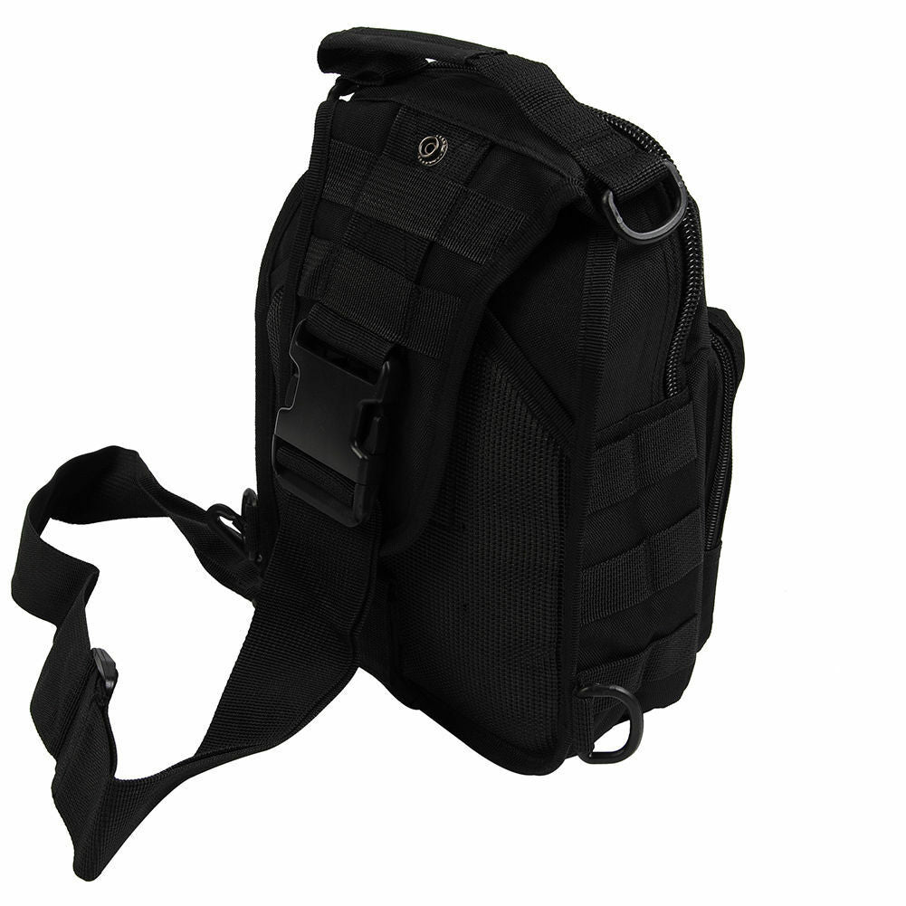 Black tactical sling bag on a white background