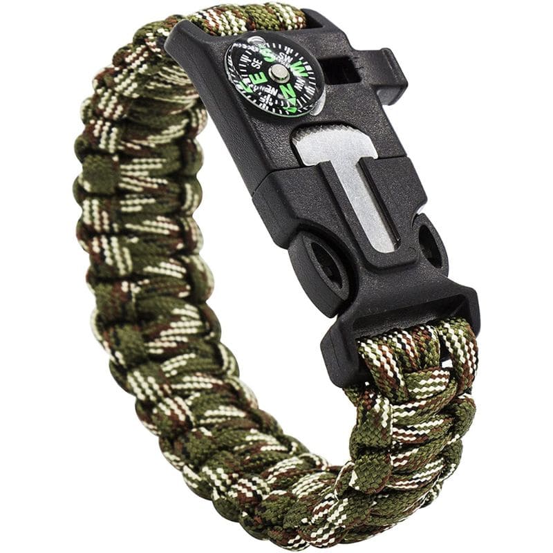 Green camouflage paracord bracelet with black buckle and compass on a white background