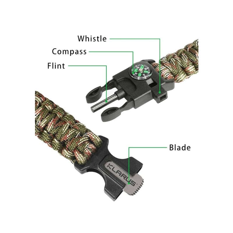 Multitool with paracord bracelet, whistle, compass, flint, and blade labeled on a white background.