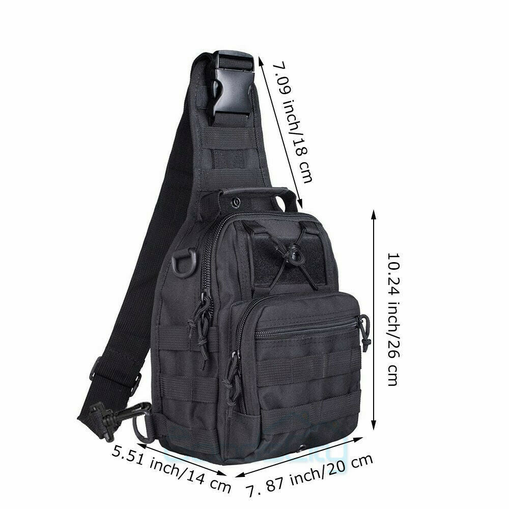 Black sling bag with measurements on a white background