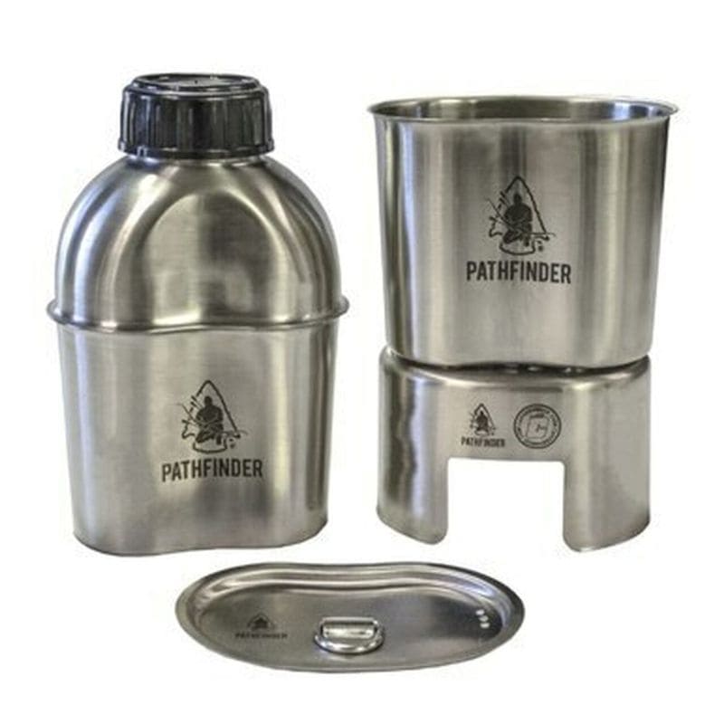 Pathfinder brand canteen cooking set including a wide-mouth stainless steel canteen, a nesting cup, and a canteen lid, all displayed on a white background.