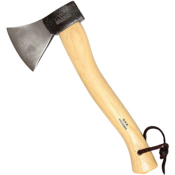 A throwing hatchet with a carbon steel head and an American Hickory handle, overall length of 14 inches.