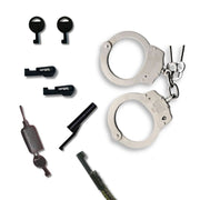 Set of handcuffs and keys on a white background