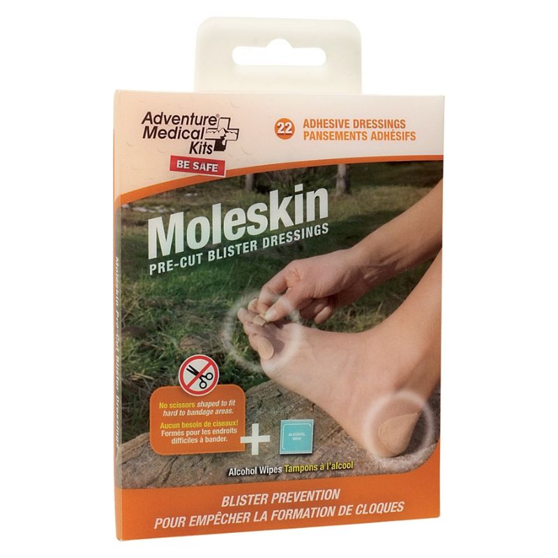 Moleskin pre-cut blister dressing packaging with a person applying it to their foot.
