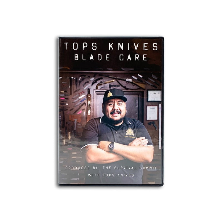 DVD cover for 'Tops Knives Blade Care' featuring a person with crossed arms in a room.